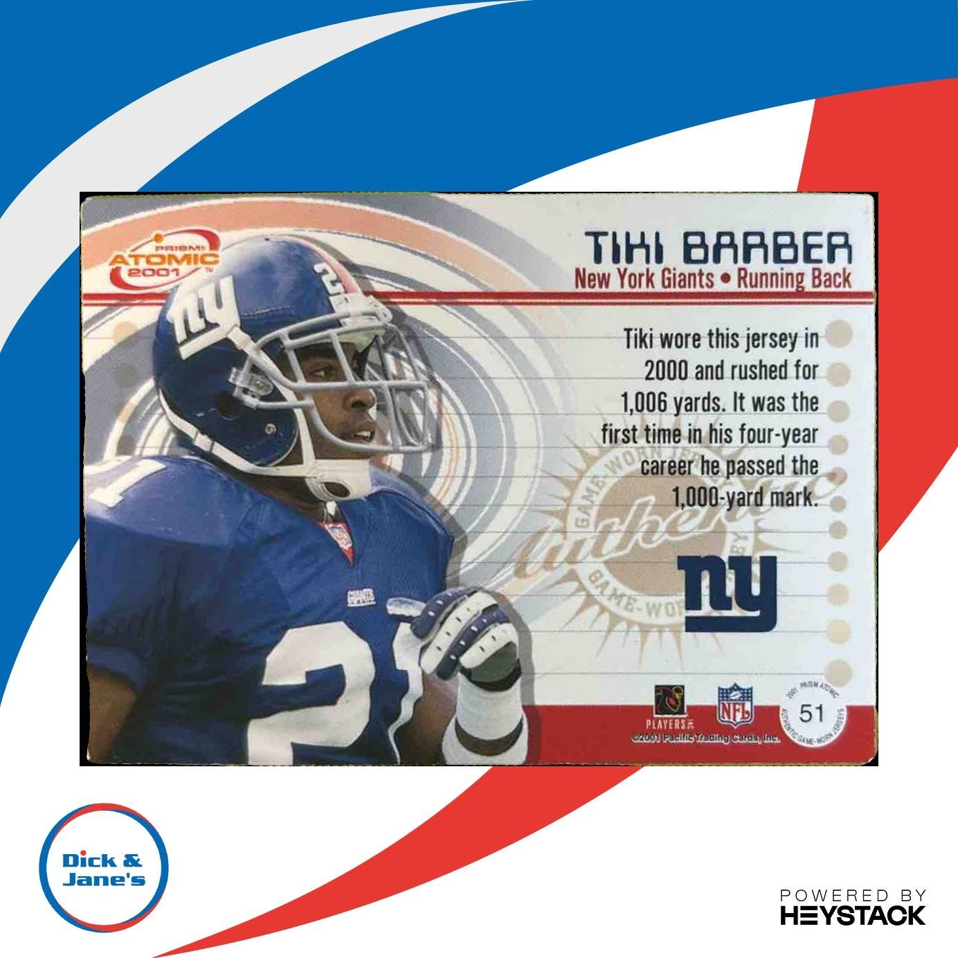 2001 Pacific Prism Atomic Tiki Barber Jersey Patches #51 New York Giants - Sports Cards