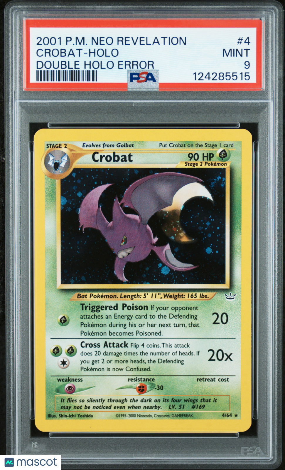 2001 Pokemon Neo Revelation Crobat #4 Double Holo Error PSA 9 MINT - Graded TCG/CCG