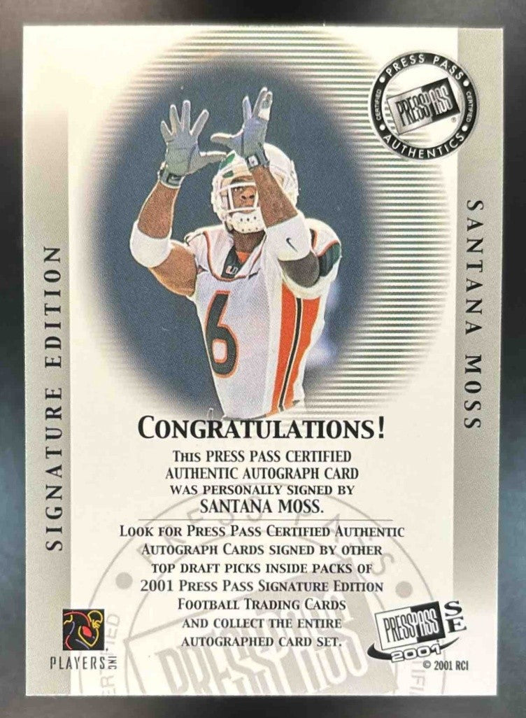 2001 Press Pass SE Santana Moss Auto Bronze #NNO Miami Hurricanes - Sports Cards