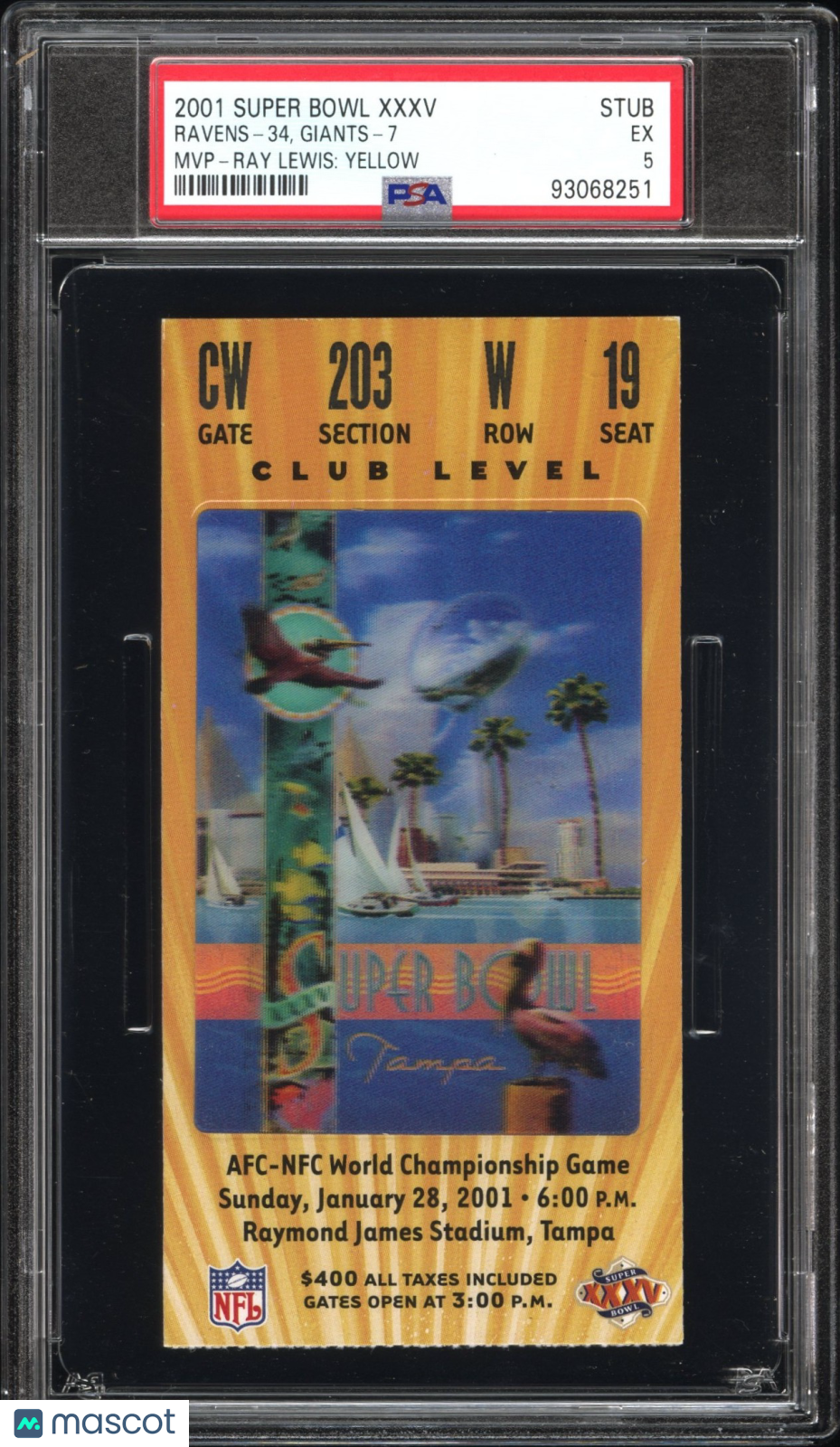 2001 Super Bowl XXXV Ray Lewis: Yellow MVP PSA 5 Ticket Stub - Graded Ticket Stubs