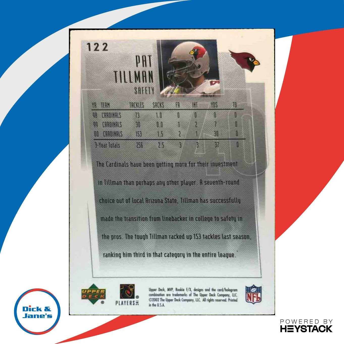 2001 Upper Deck Rookie F/X Pat Tillman #122 RC Arizona Cardinals - Sports Cards