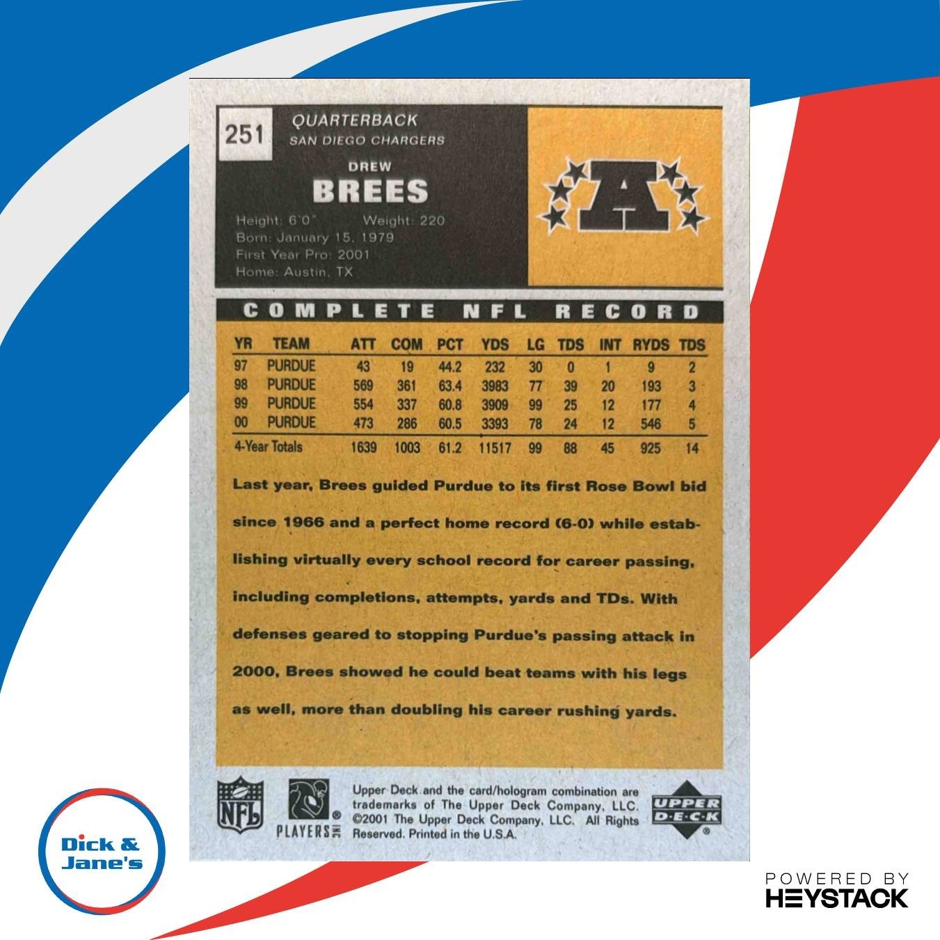 2001 Upper Deck Vintage Drew Brees #251 RC San Diego Chargers - Sports Cards