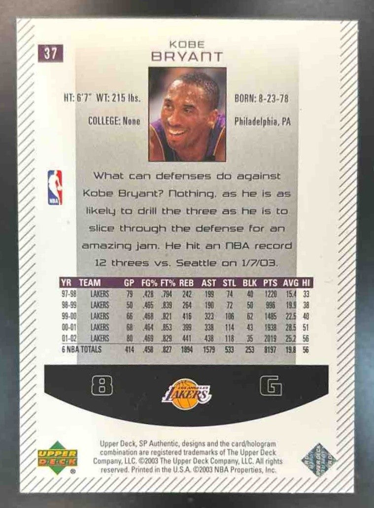 2002-03 SP Authentic Kobe Bryant #37 Los Angeles Lakers - Sports Cards