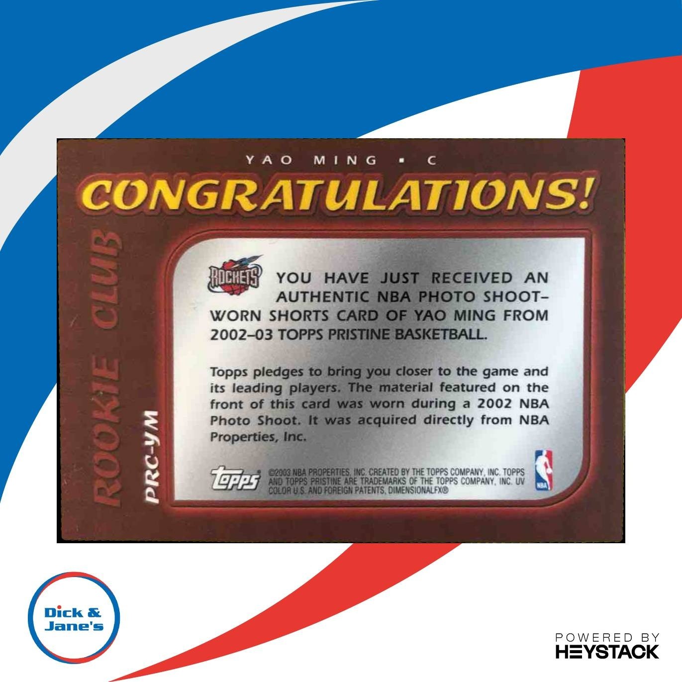 2002-03 Topps Pristine Yao Ming Rookie Club #PRC-YM RC Houston Rockets - Sports Cards