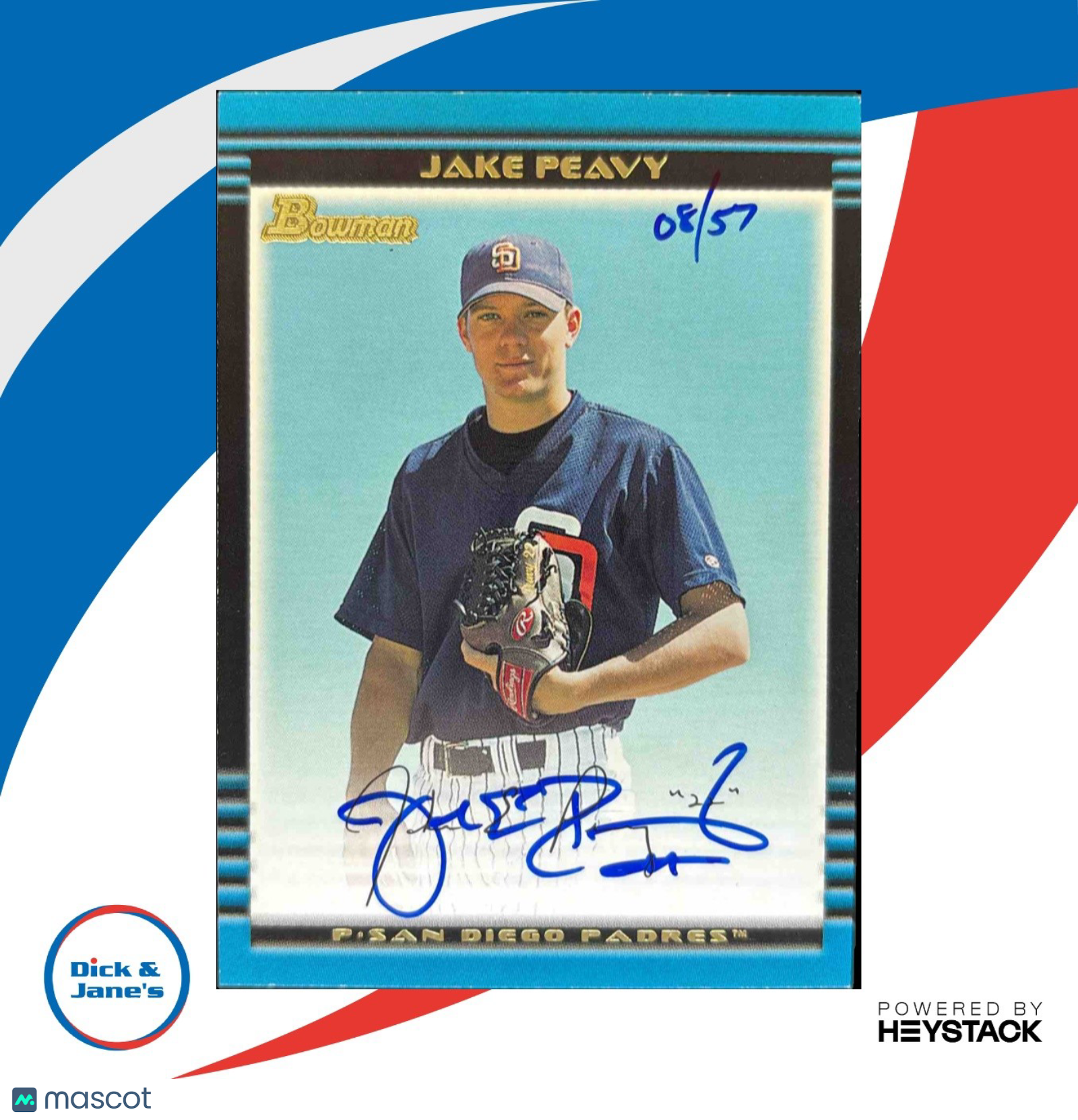 2002 Bowman Jake Peavy #433 San Diego Padres BUY BACK Auto 08/57 Clean Signature - Sports Cards