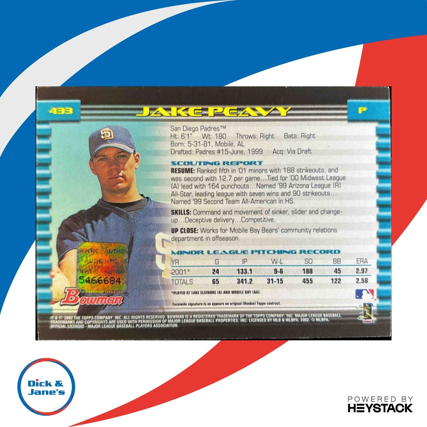 2002 Bowman Jake Peavy #433 San Diego Padres BUY BACK Auto 08/57 Clean Signature - Sports Cards