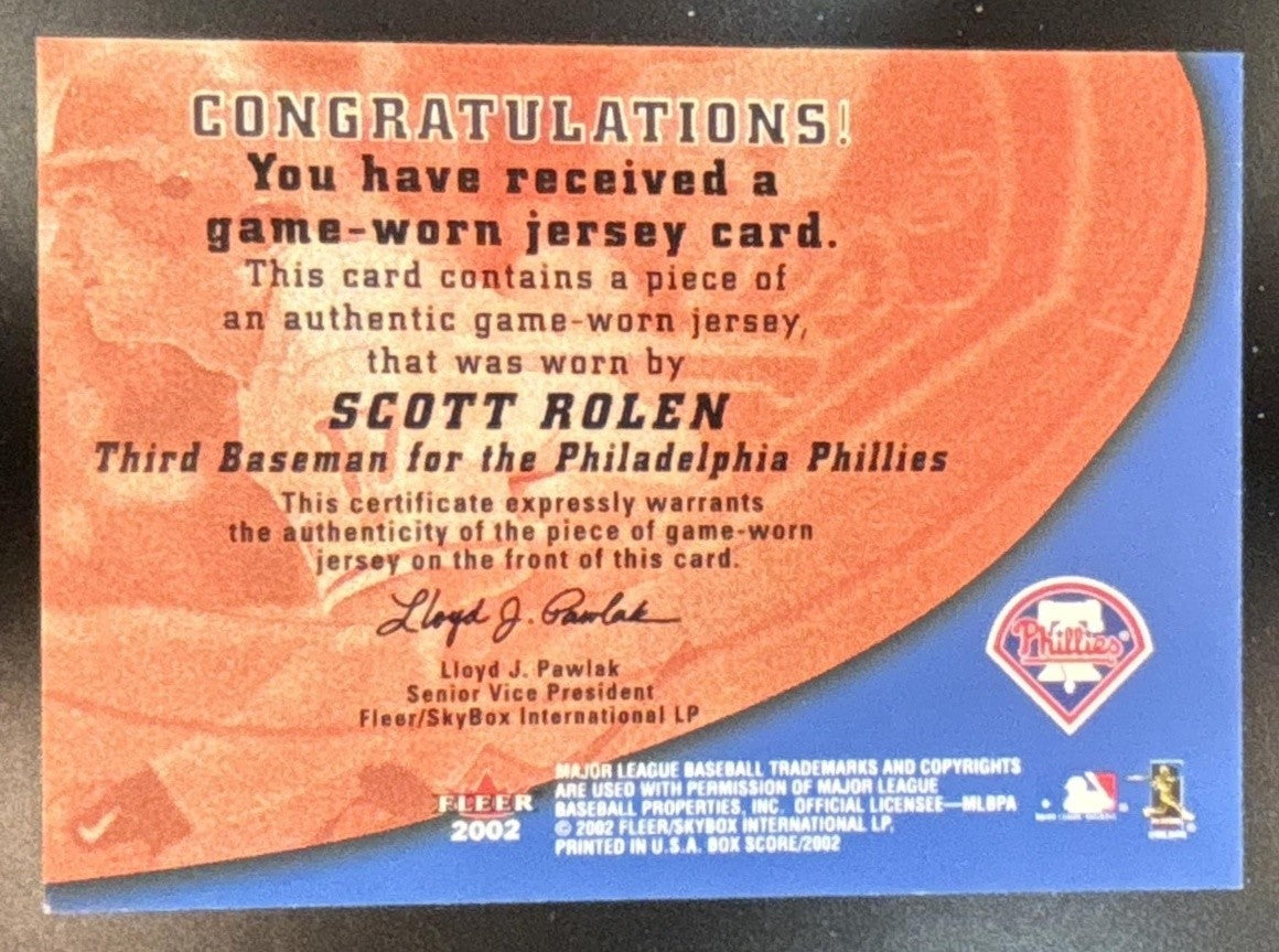 2002 Fleer Box Score Scott Rolen Amazing Greats Single Swatch MEM Phillies - Sports Cards