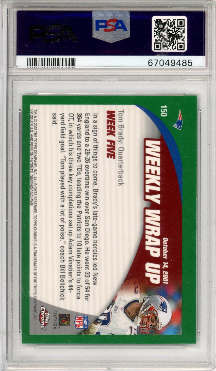 2002 Topps Chrome Tom Brady #150 PSA 10 GEM MINT New England Patriots Graded Sports Cards
