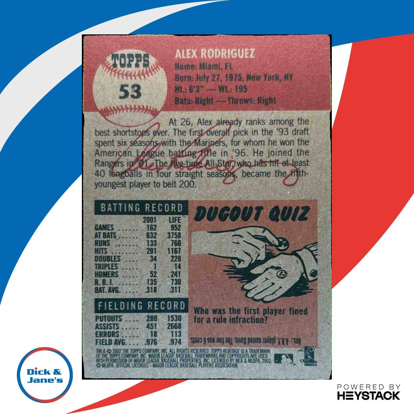 2002 Topps Heritage Alex Rodriguez #53 Texas Rangers - Sports Cards