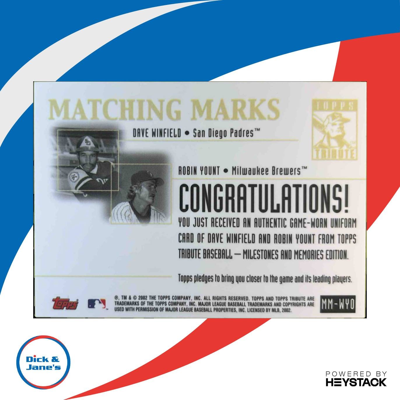 2002 Topps Tribute Dave Winfield Robin Yount Matching Marks Dual Relics - Sports Cards
