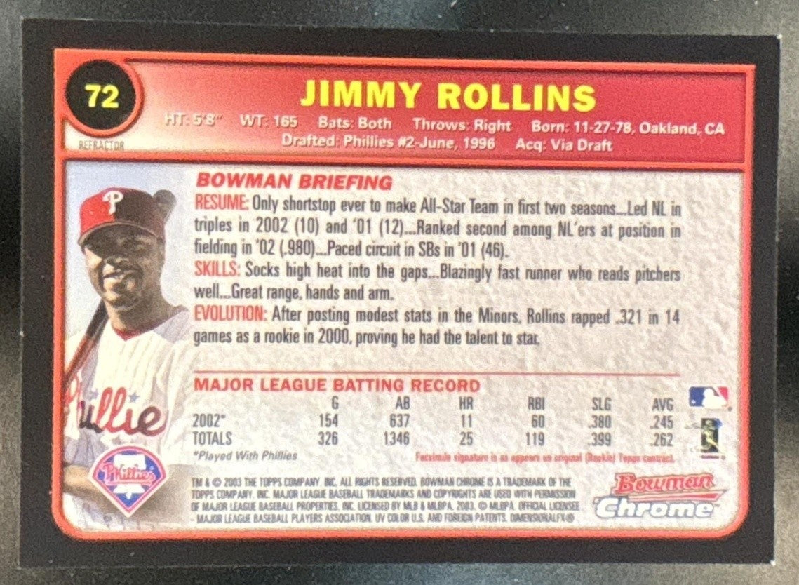2003 Bowman Chrome Jimmy Rollins Refractor #72 Philadelphia Phillies - Sports Cards