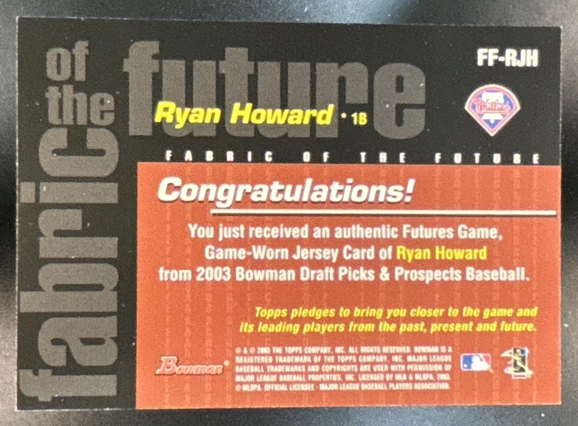 2003 Bowman Draft Picks & Prospects Ryan Howard Fabric of Future Jersey MEM RC - Sports Cards