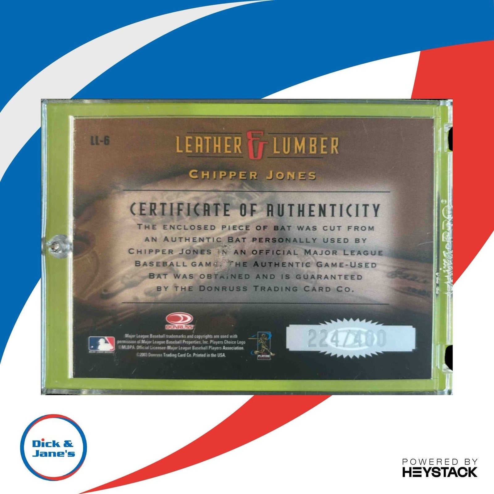 2003 Donruss Studio Chipper Jones Leather and Lumber /400 MEM Atlanta Braves - Sports Cards