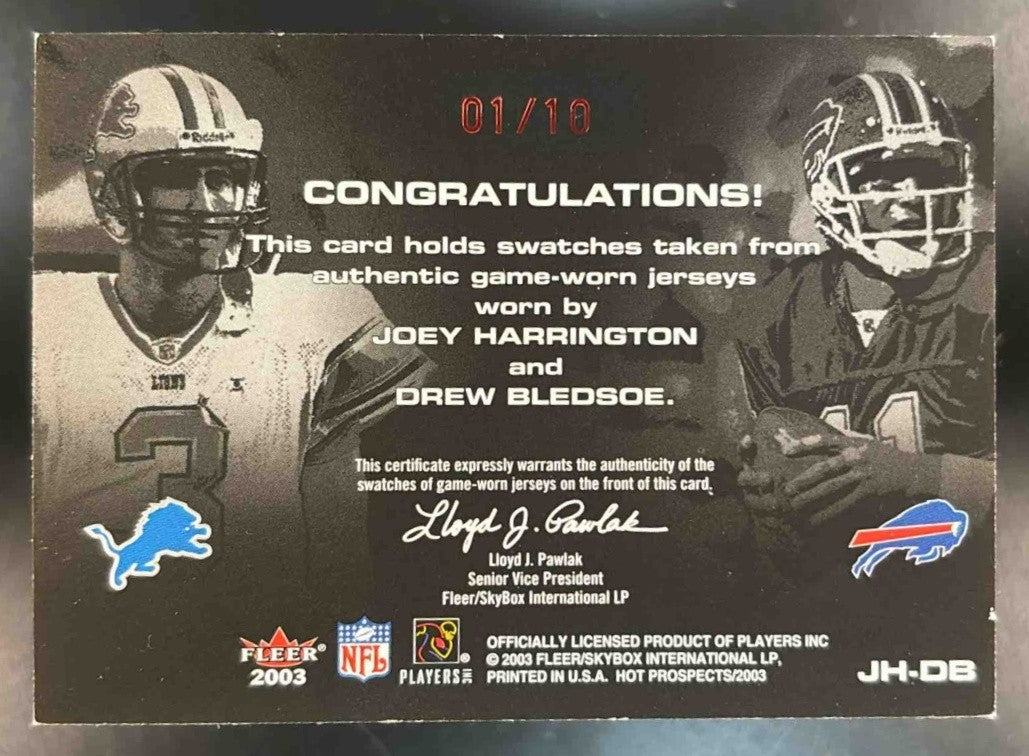 2003 Fleer Hot Prospects Joey Harrington Drew Bledsoe Tandems Red /10 #JH-DB - Sports Cards