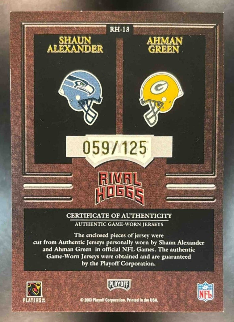 2003 Playoff Hogg Heaven Shaun Alexander Ahman Green Rival Hoggs Patch /125 MEM - Sports Cards