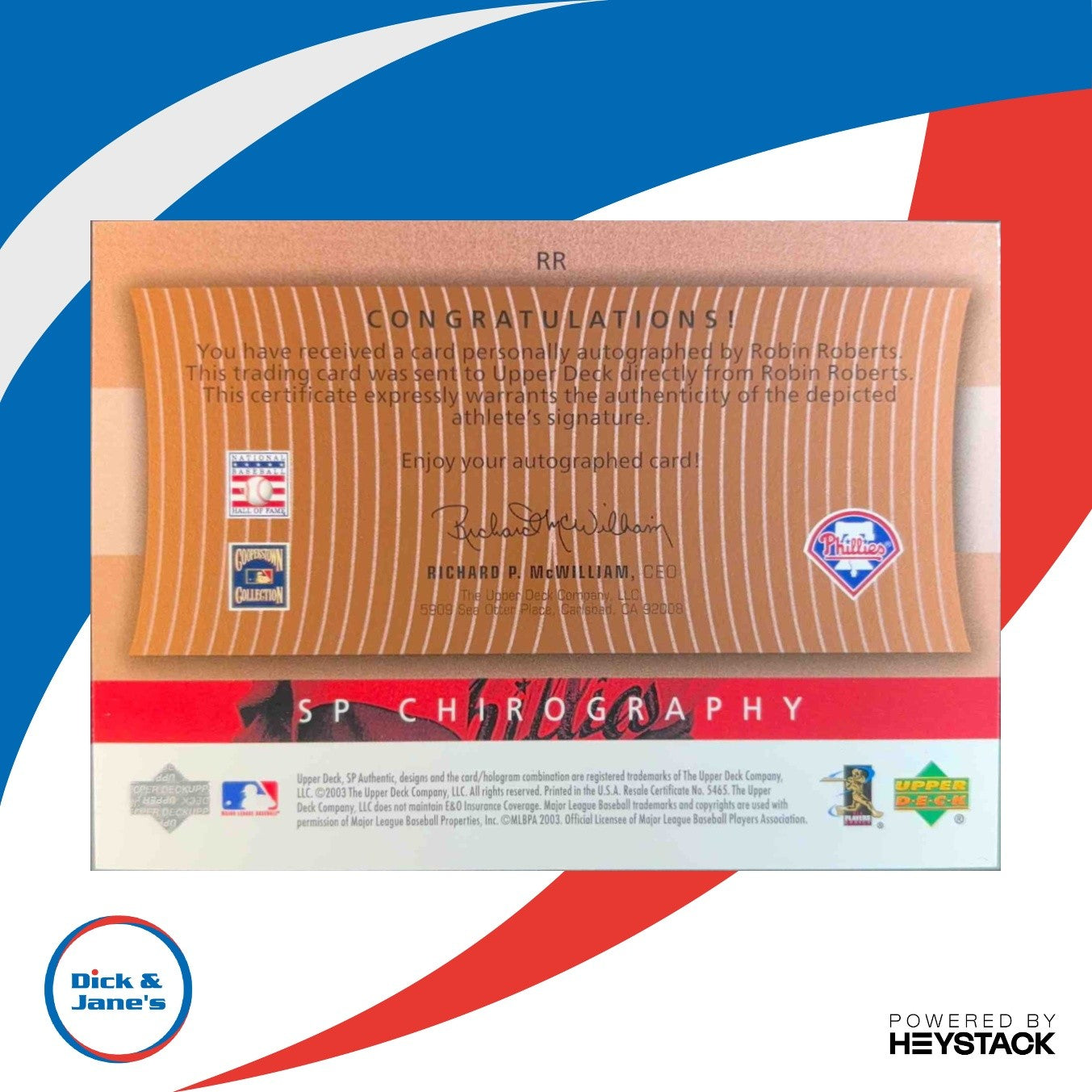 2003 SP Authentic Chirography Hall of Famers Bronze Robin Roberts /50 Phillies - Sports Cards