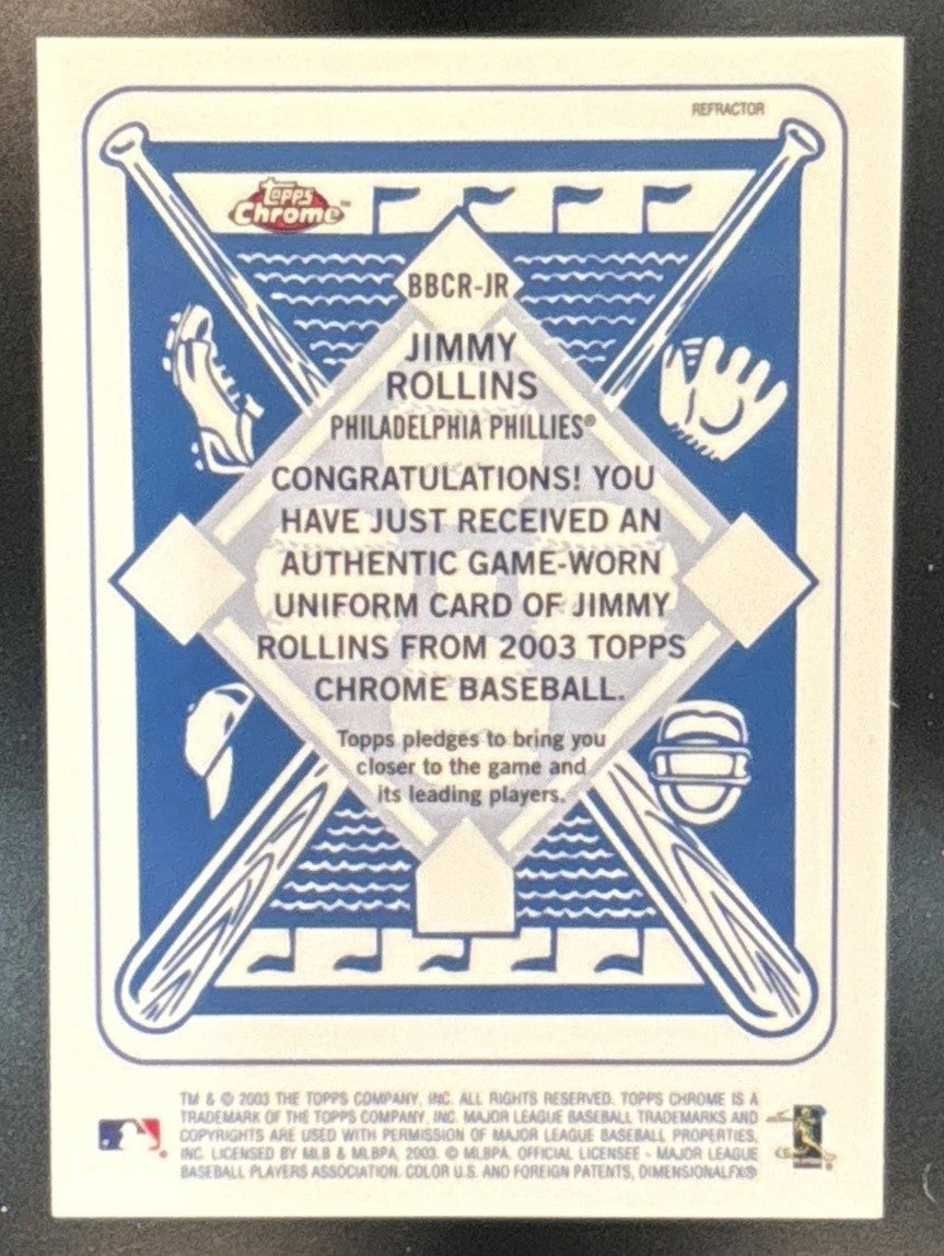 2003 Topps Chrome Jimmy Rollins Blue Backs Relics Refractor MEM Phillies - Sports Cards