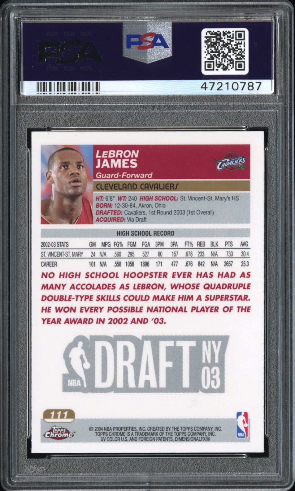 2003 Topps Chrome LeBron James Rookie #111 PSA 8.5 Cleveland Cavaliers - Graded Sports Cards