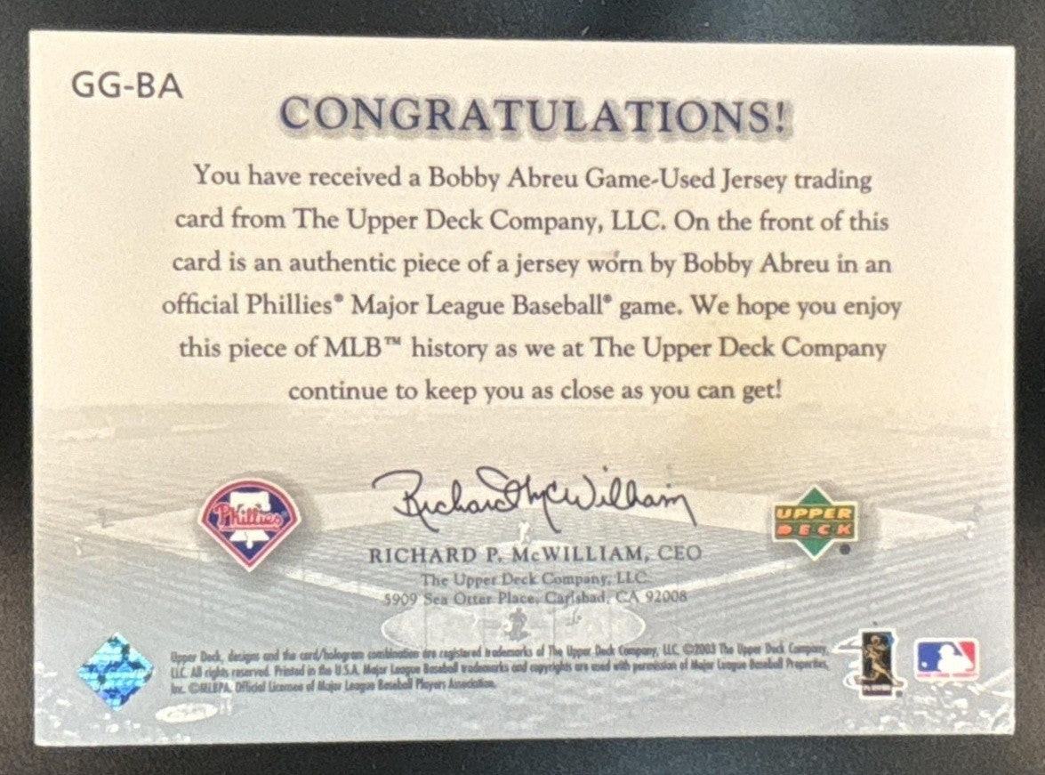 2003 Upper Deck Game Face Bobby Abreu Gear #GG-BA Philadelphia Phillies - Sports Cards