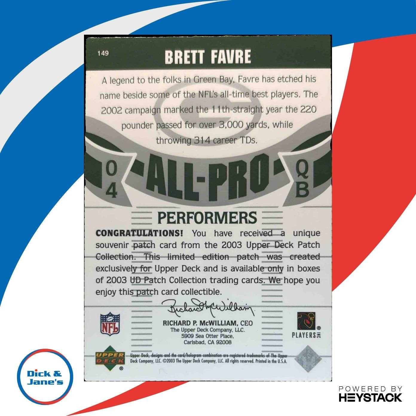 2003 Upper Deck Patch Collection Brett Favre #149 Green Bay Packers - Sports Cards