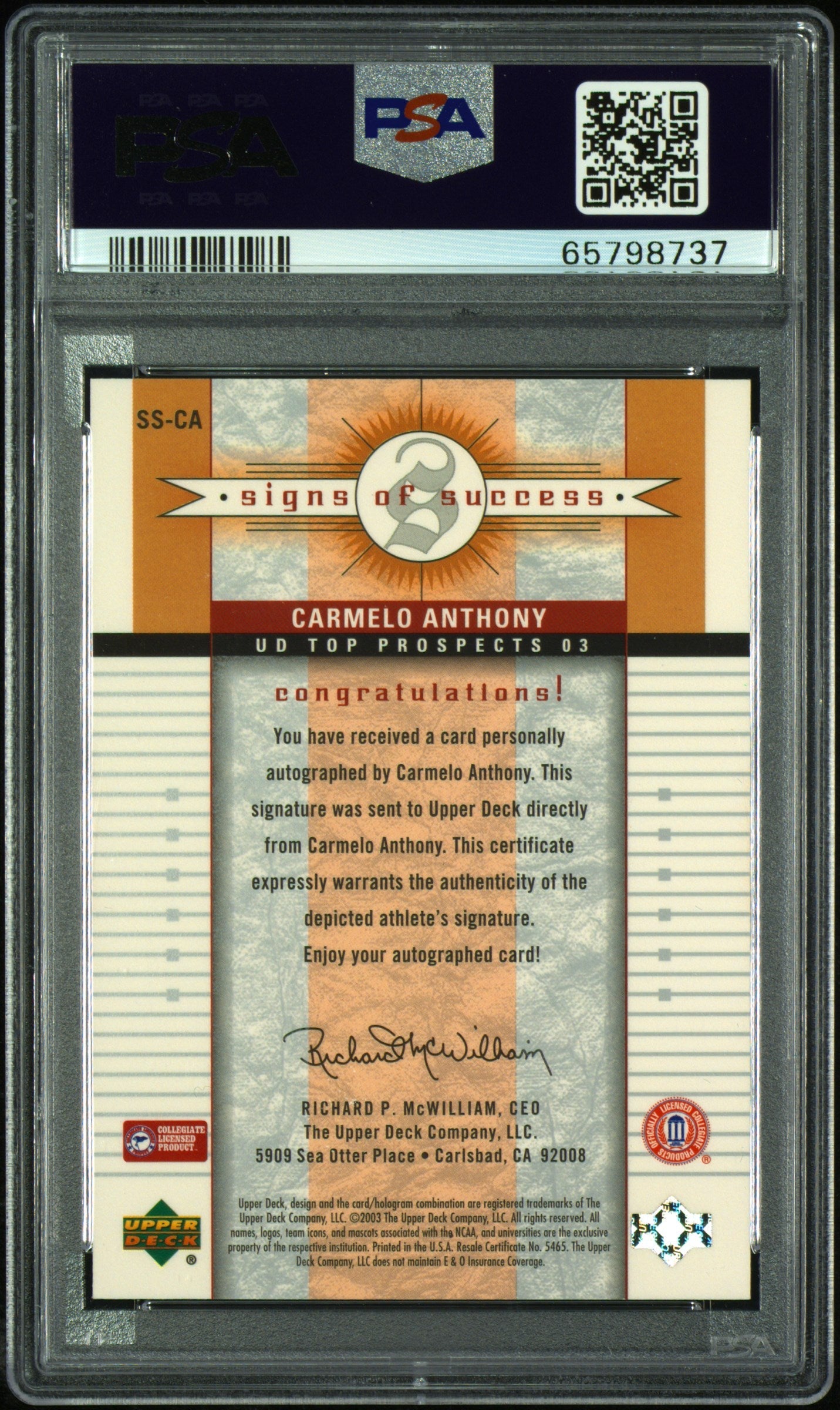 2003 Upper Deck Top Prospects Signs of Success Carmelo Anthony Rookie PSA 9 MINT - Graded Sports Cards