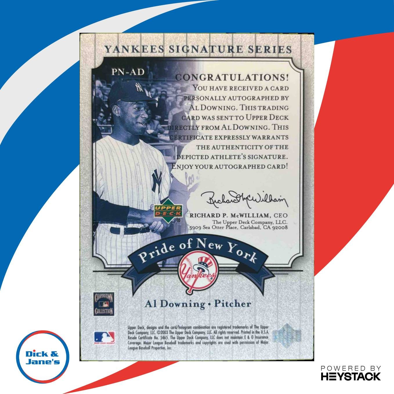 2003 Upper Deck Yankees Signature Series Al Downing Pride of New York Auto PN-AD - Sports Cards