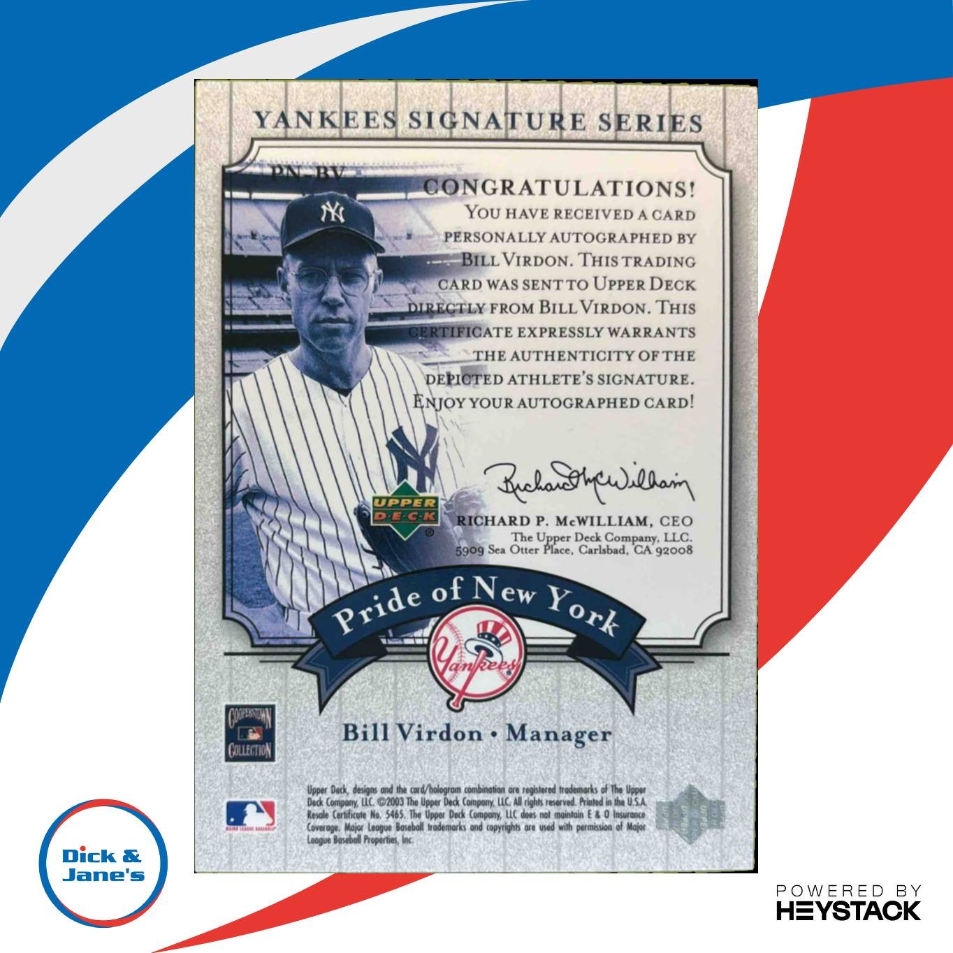 2003 Upper Deck Yankees Signature Series Bill Virdon Pride of New York Auto - Sports Cards