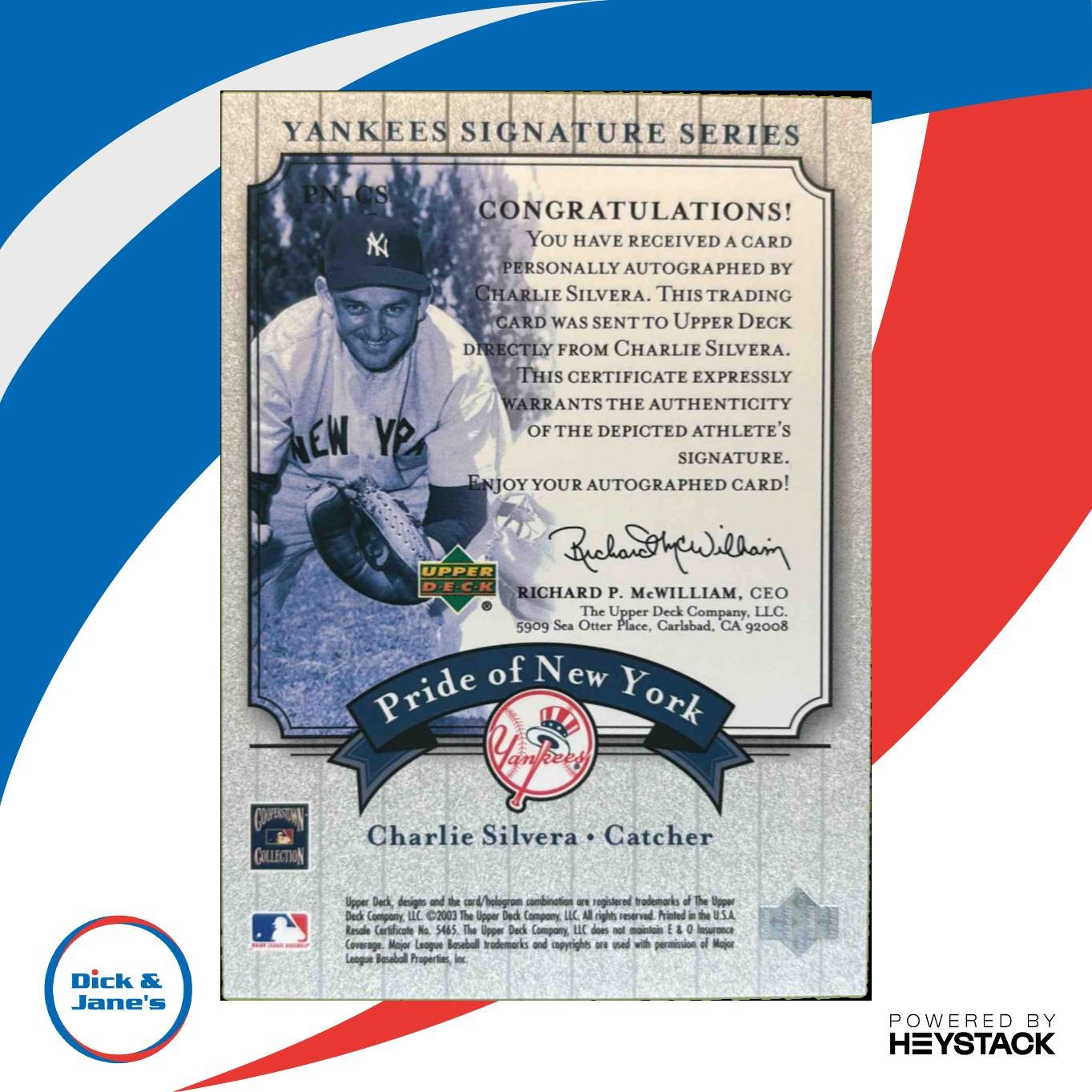 2003 Upper Deck Yankees Signature Series Charlie Silvera Pride of New York Auto - Sports Cards