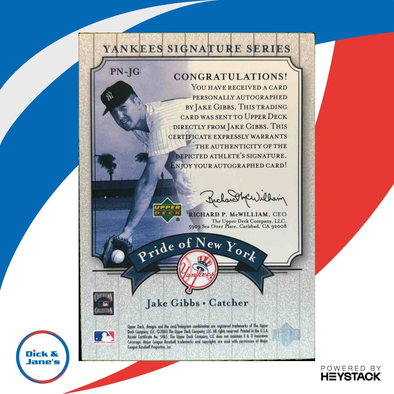2003 Upper Deck Yankees Signature Series Jake Gibbs Pride of New York Auto - Sports Cards