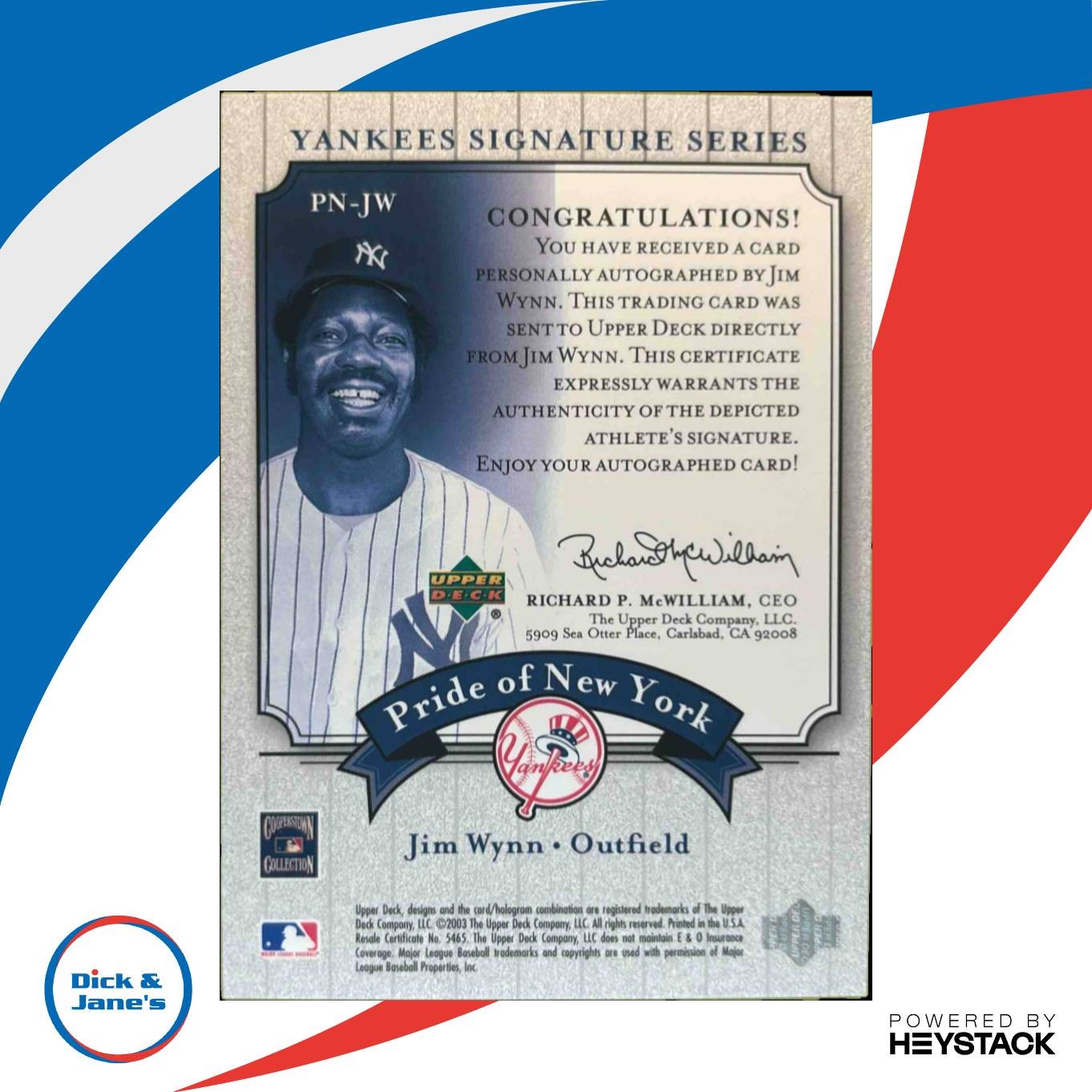 2003 Upper Deck Yankees Signature Series Jim Wynn Pride of New York Auto #PN-JW - Sports Cards