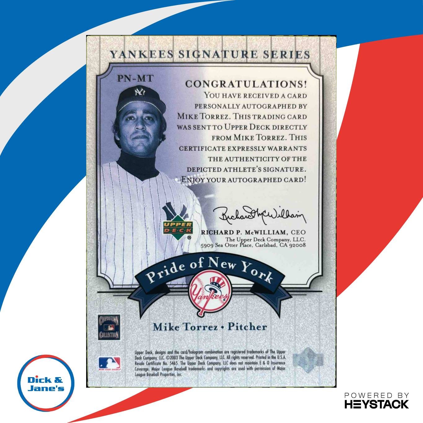 2003 Upper Deck Yankees Signature Series Mike Torrez Pride of New York Auto - Sports Cards