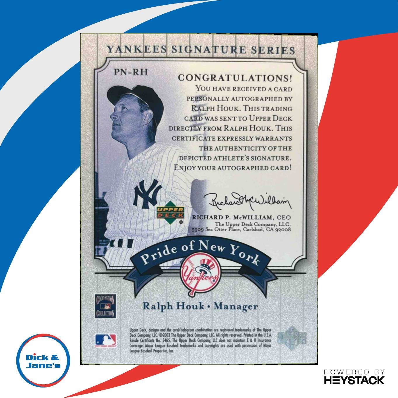 2003 Upper Deck Yankees Signature Series Ralph Houk Pride of New York Auto PN-RH - Sports Cards