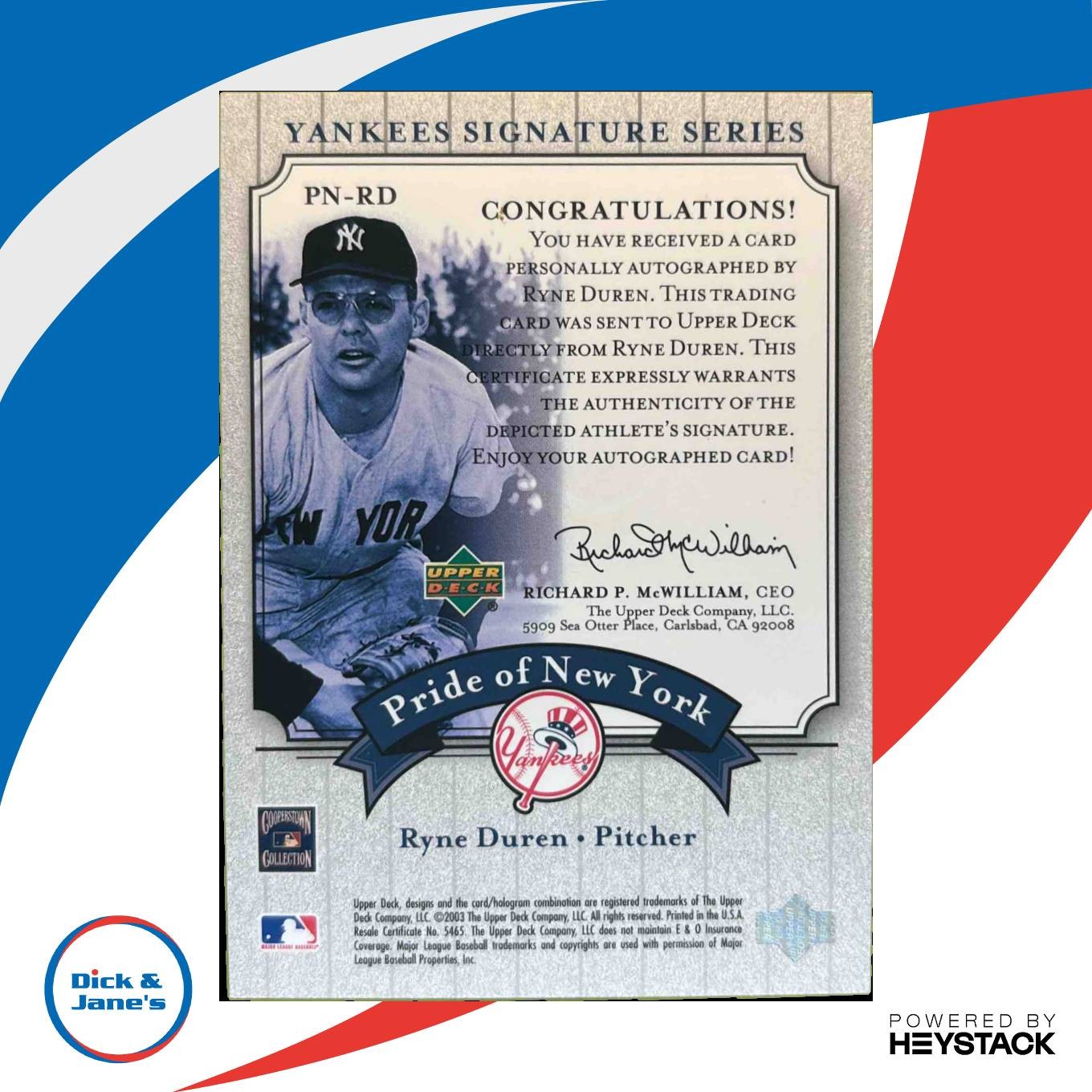 2003 Upper Deck Yankees Signature Series Ryne Duren Pride of New York Auto PN-RD - Sports Cards