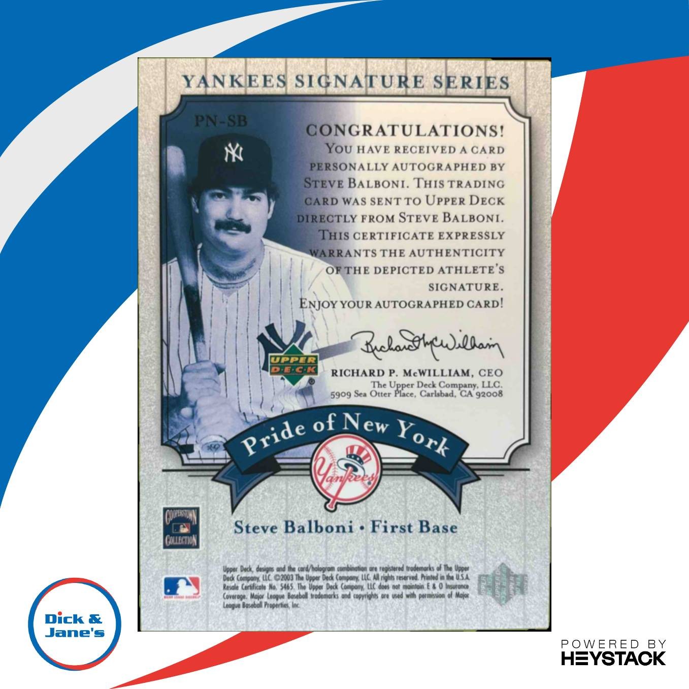 2003 Upper Deck Yankees Signature Series Steve Balboni Pride of New York Auto Sports Cards