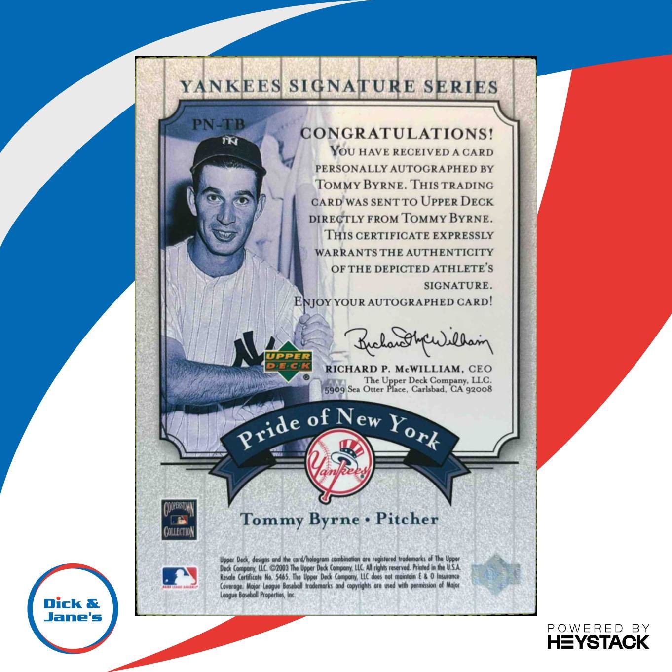 2003 Upper Deck Yankees Signature Series Tommy Byrne Pride of New York Auto DJ1 - Sports Cards