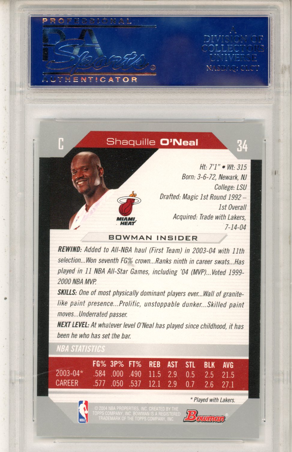 2004 Bowman Shaquille O’Neal #34 PSA 10 - Graded Sports Cards