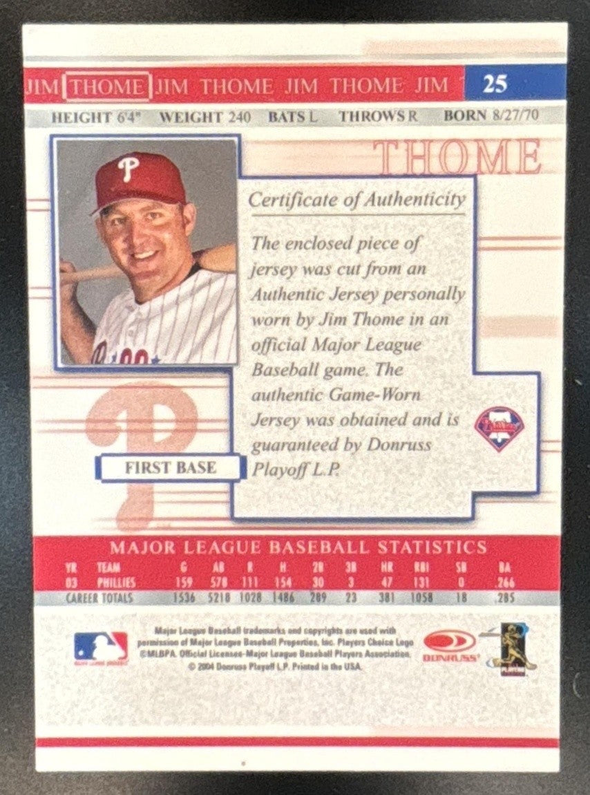 2004 Donruss Timelines Jim Thome Material MEM #25 Philadelphia Phillies - Sports Cards