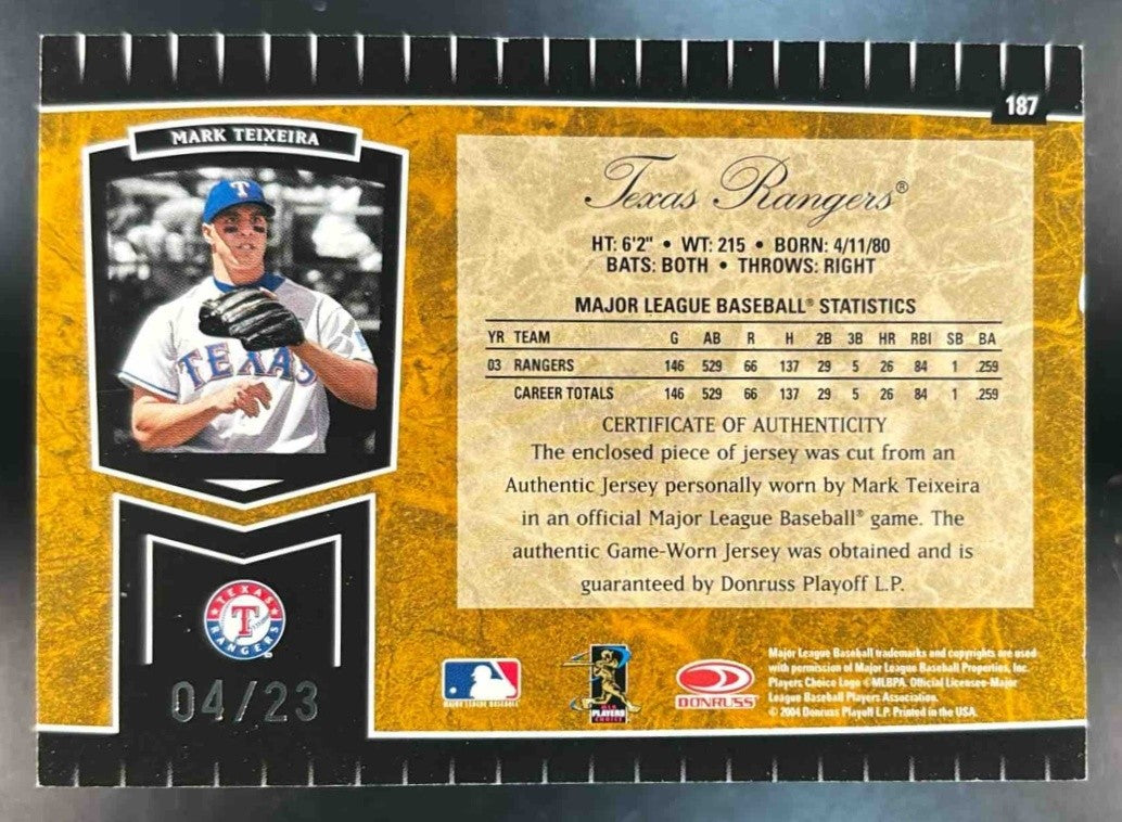 2004 Leaf Certified Cuts Mark Teixeira Patch Auto /23 #187 MEM Auto Texas Ranger - Sports Cards