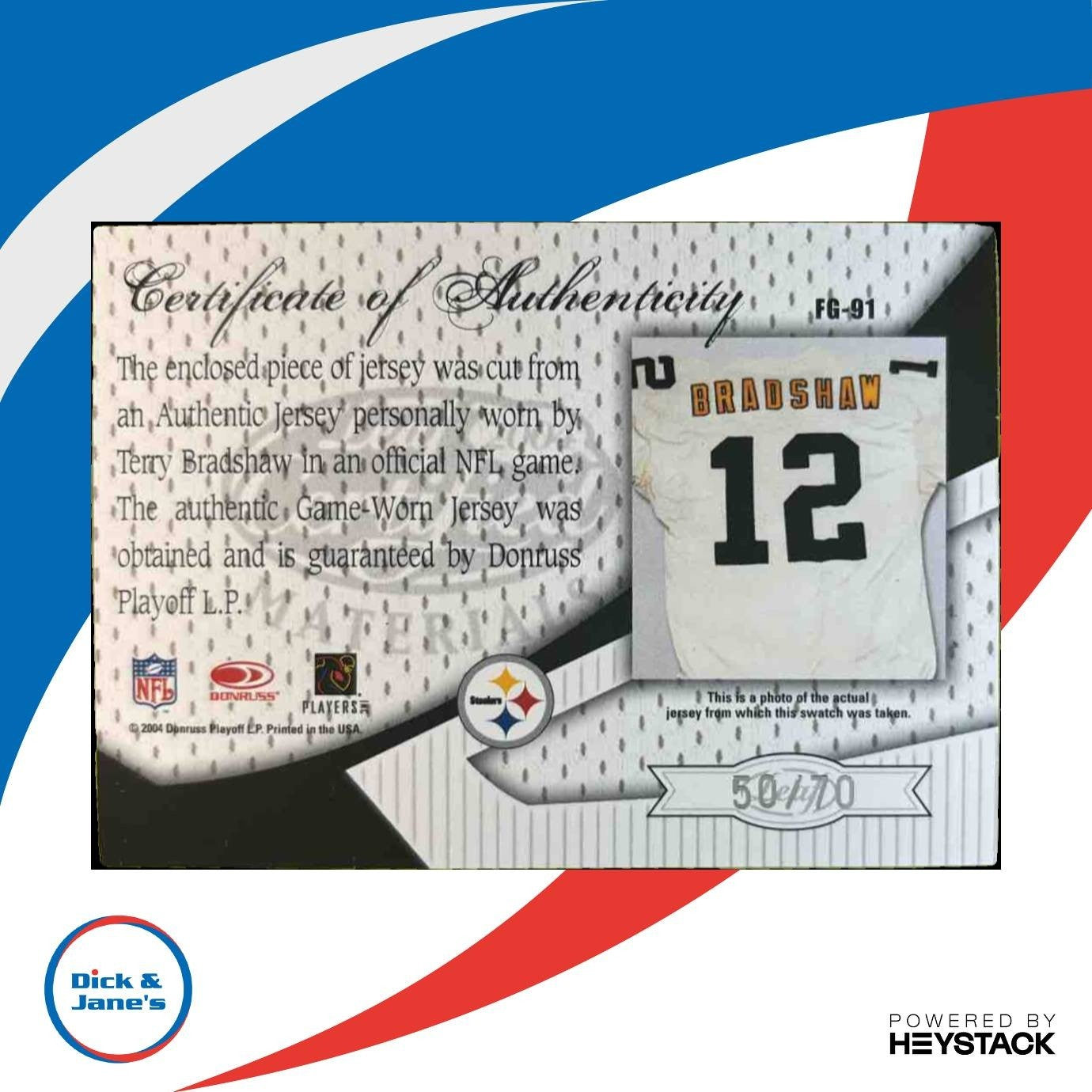 2004 Leaf Certified Materials Terry Bradshaw Fabric of the Game /70 Steelers - Sports Cards