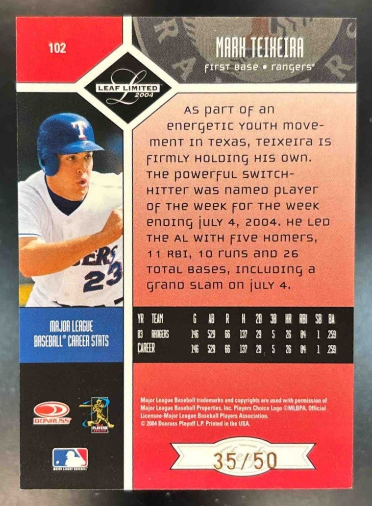 2004 Leaf Limited Mark Teixeira Moniker Bronze Auto /50 #102 Auto Texas Rangers - Sports Cards