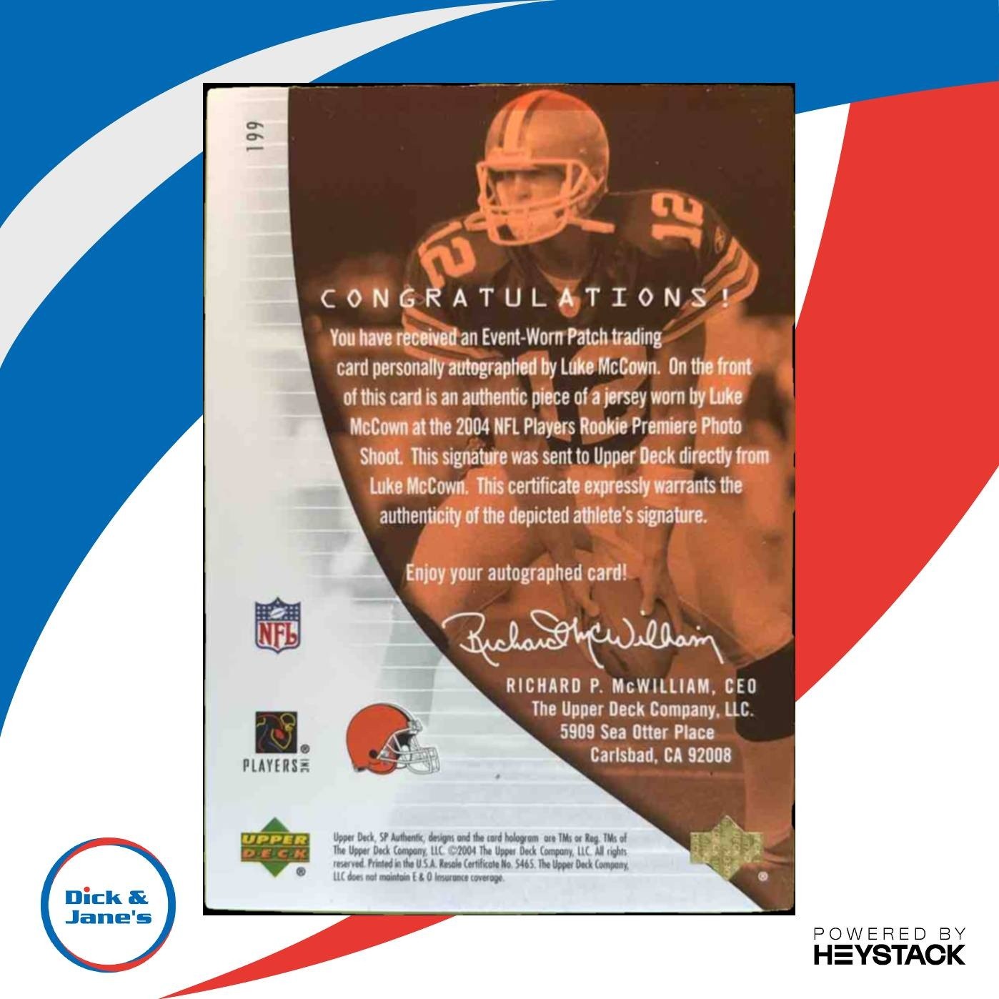 2004 SP Authentic Luke McCown /799 #199 RC Auto Cleveland Browns - Sports Cards