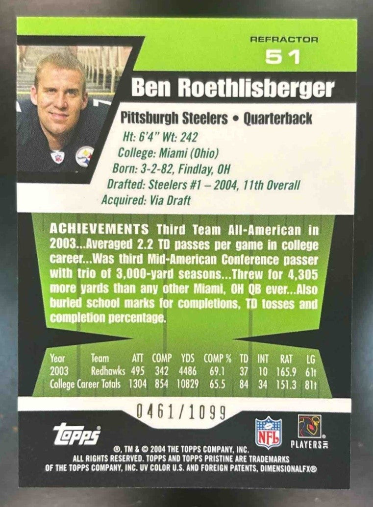 2004 Topps Pristine Ben Roethlisberger Refractor /1099 RC Pittsburgh Steelers - Sports Cards