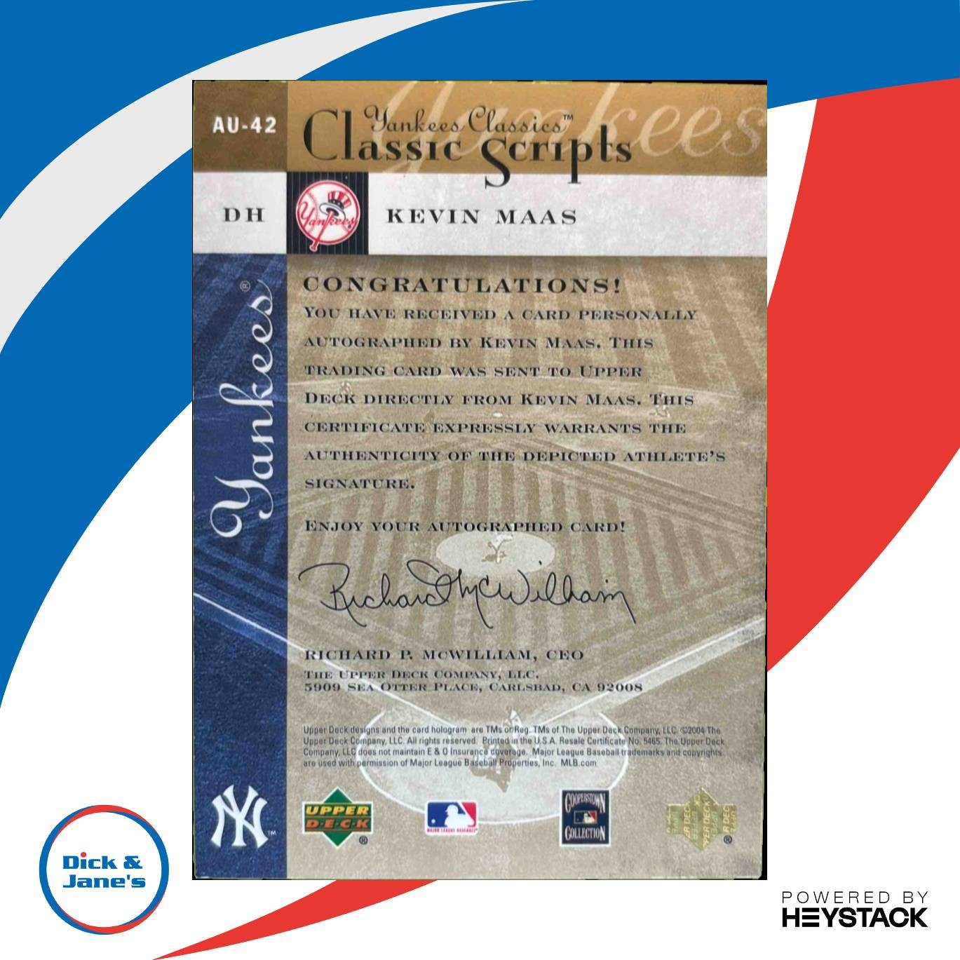 2004 Upper Deck UD Yankees Classics Kevin Maas Classic Scripts #AU 42 Auto Sports Cards