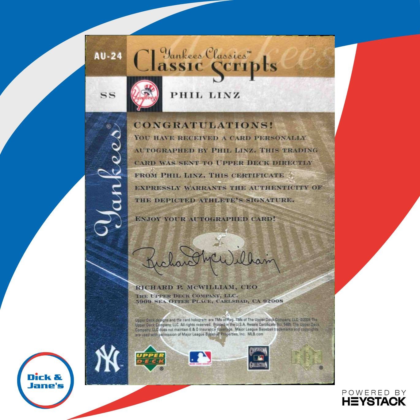 2004 Upper Deck Yankees Classics Phil Linz Classic Scripts #AU-24 Auto New York - Sports Cards