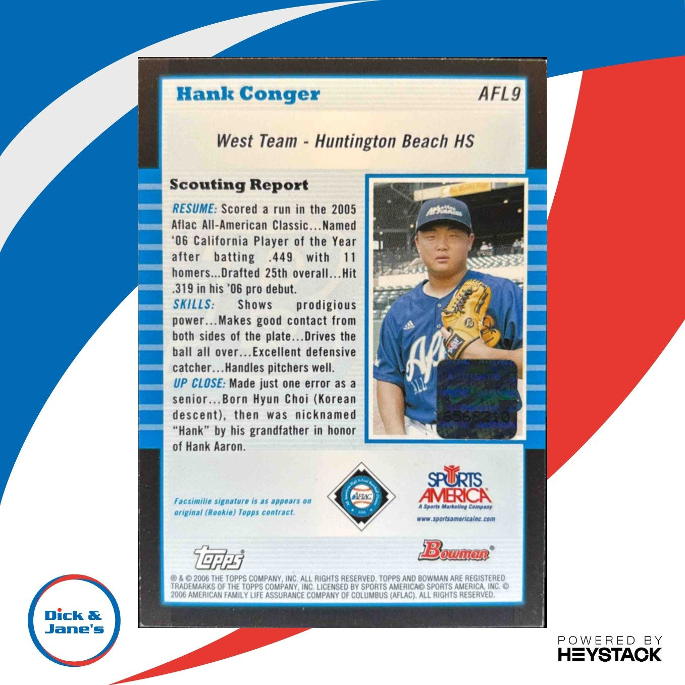 2005 Bowman Draft Hank Conger AFLAC #AFL9 Buy Back Auto 027/100 - Sports Cards