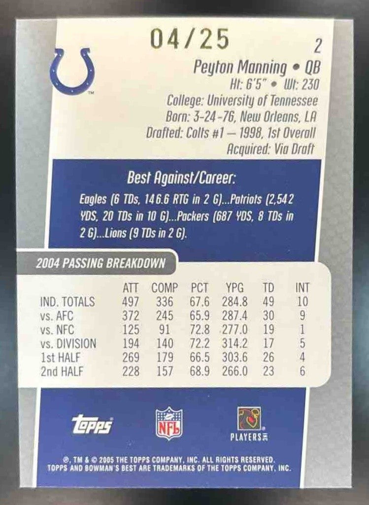 2005 Bowman’s Best Peyton Manning Silver /25 #2 Indianapolis Colts - Sports Cards