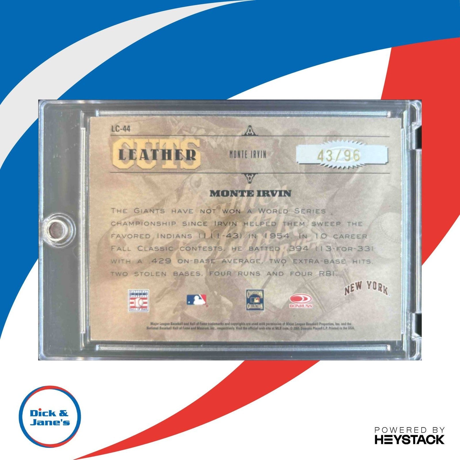 2005 Donruss Leather & Lumber Monte Irvin Cuts 43/96 #LC-44 Auto New York Giants - Sports Cards