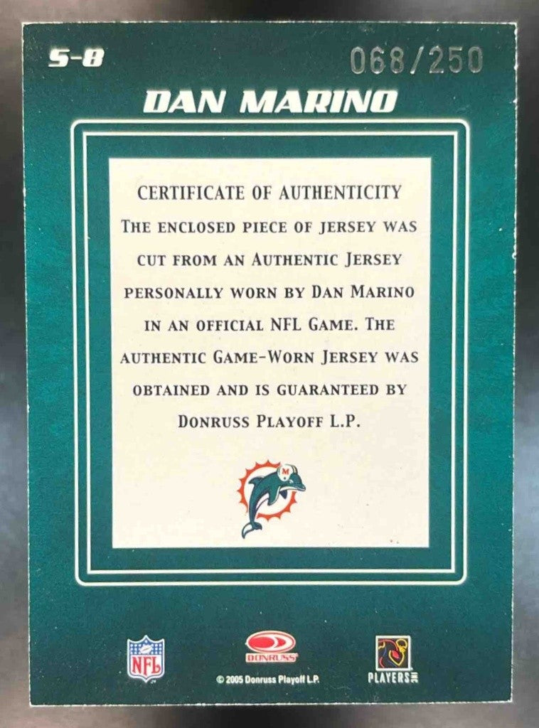 2005 Donruss Zenith Dan Marino Spellbound Jerseys /250 #S-8 MEM Miami Dolphins - Sports Cards