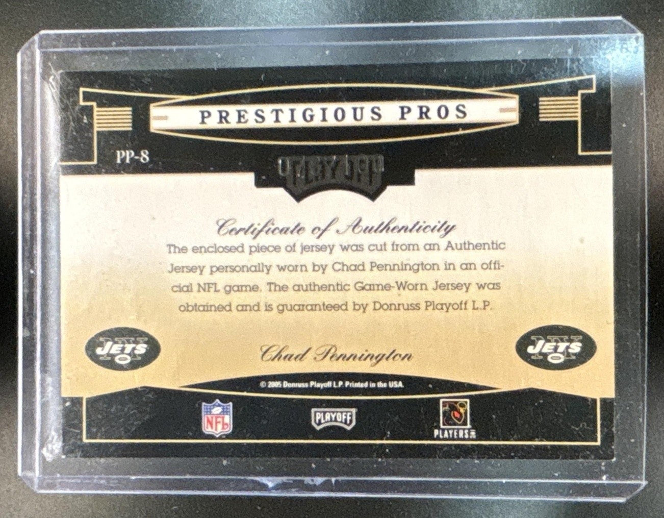 2005 Playoff Prestige Chad Pennington Prestigious Pros Jersey Gold /100 MEM Jets - Sports Cards