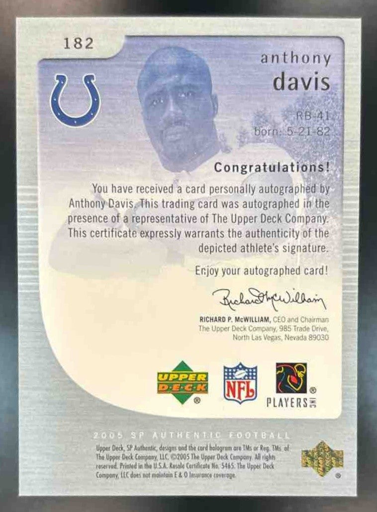 2005 SP Authentic Anthony Davis /850 #182 RC Auto Indianapolis Colts - Sports Cards